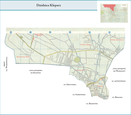 Dzielnica Kleparz według stanu z roku 1958 na przywołanym wcześniej planie miasta z 1964 r. – dzielnica obejmująca dawne
jednostki (dzielnice) katastralne (w całości lub w ich przeważającej części): Kleparz, Krowodrza, Bronowice Małe, Bronowice
Wielkie, Tonie, Prądnik Biały, Witkowice i Górka Narodowa. Zwraca uwagę, że w latach 1954–1957 granica między tą
dzielnicą a dzielnicą Zwierzyniec biegła osią ul. Krowoderskiej, natomiast od roku 1958 osią ul. Łobzowskiej. Opis przebiegu
granic tej dzielnicy podano na s. 696.