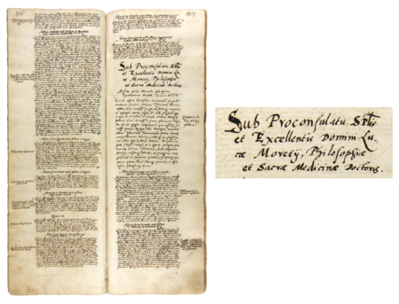 Z księgi radzieckiej obejmującej lata 1567–1576 strony 406–407 z nagłówkiem otwierającym
wpisy spraw prowadzonych za kadencji burmistrzowskiej Łukasza Moreckiego w 1571 roku –
oraz powiększenie zapisu imienia, tytułu naukowego i funkcji burmistrza
(Archiwum Państwowe w Krakowie, sygn. rkps 446, s. 406–407)