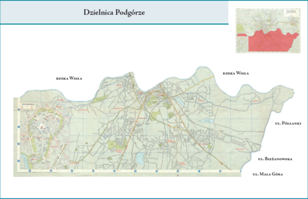 Dzielnica Podgórze według stanu z roku 1958 na przywołanym wcześniej planie miasta z 1964 r. – dzielnica obejmująca dawne
jednostki (dzielnice) katastralne: Piaski Wielkie, Kurdwanów, Jugowice, Borek Fałęcki, Kobierzyn, Skotniki, Kostrze, Bodzów,
Pychowice, Zakrzówek, Dębniki, Ludwinów, Łagiewniki, Podgórze, Wola Duchacka, Płaszów, Prokocim, Rybitwy, Bieżanów
i Rżąka. Opis przebiegu granic tej dzielnicy podano na s. 696.
