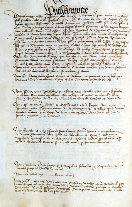 Z pochodzącego z lat 1470–1480 rękopisu Jana Długosza Liber beneficiorum… etc. strona z informacją o Witkowicach będących
wówczas częścią wsi Prądnik, stanowiącej własność kapituły krakowskiej i należącej do parafii w Zielonkach; tu także przekaz
o pochodzeniu nazwy Witkowice od imienia prepozyta krakowskiego Wita – zapis nazwy wsi stanowi tytuł na górze strony
(Archiwum Krakowskiej Kapituły Katedralnej, sygn. rkps Ms 194, k. 68v, por. Długosz 1863-I, s. 157–158; Małecki 2010, s. 19–20)