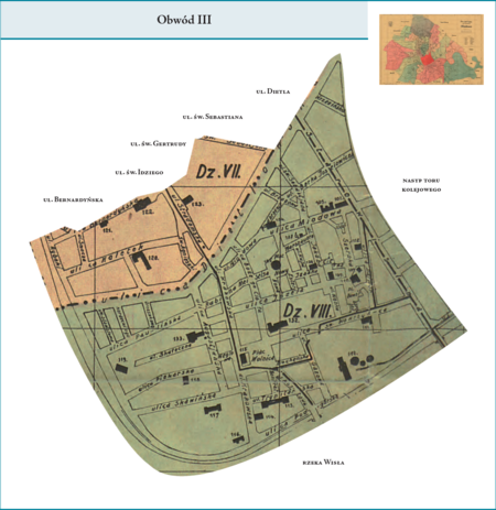 Obwód III według stanu z roku 1924 na przywołanym wcześniej planie miasta z 1925 r. – w granicach tej dzielnicy administracyjnej
znalazły się: przeważająca część dzielnicy katastralnej VII–Stradom oraz cała dzielnica katastralna VIII–Kazimierz. W zasadzie była
to południowa część Krakowa sprzed przyłączeń dokonanych w ramach tworzenia Wielkiego Krakowa, tj. sprzed 1910 r. Użyte przy
powyższym planie dzielnicy nazwy terenowe podano według nazewnictwa obowiązującego aktualnie.