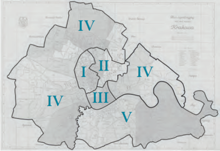 Plan konturowy podziału na obwody w latach 1915–1928 według
stanu z roku 1924 na podkładzie planu miasta
przedstawionego w pełnym kształcie na s. 497