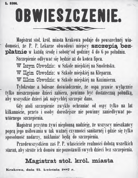 Przykład adresowania zarządzenia miejskiego do mieszkańców z wykorzystaniem podziału miasta na dzielnice administracyjne – obwody; można tu było wykorzystać podział na dzielnice katastralne, jednak zapewne
względy pragmatyczne przemówiły za obwodami administracyjnymi (Archiwum Narodowe w Krakowie, sygn. 29-665-146)