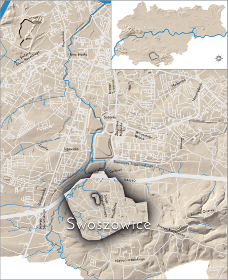 Orientacyjna lokalizacja dawnej wsi Swoszowice w obecnych granicach Krakowa – na planie miasta oznaczono
jej położenie w kształcie wyznaczonym granicami jednostki katastralnej, jaką stanowiła, ze wskazaniem
najstarszego, historycznego centrum Swoszowic w rejonie dzisiejszej ulicy Chałubińskiego