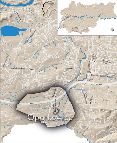 Orientacyjna lokalizacja dawnej wsi Opatkowice w obecnych granicach Krakowa – na planie miasta oznaczono
jej położenie w kształcie wyznaczonym granicami jednostki katastralnej, jaką stanowiła, ze wskazaniem
najstarszego, historycznego centrum Opatkowic w rejonie dzisiejszej ulicy Smoleńskiego