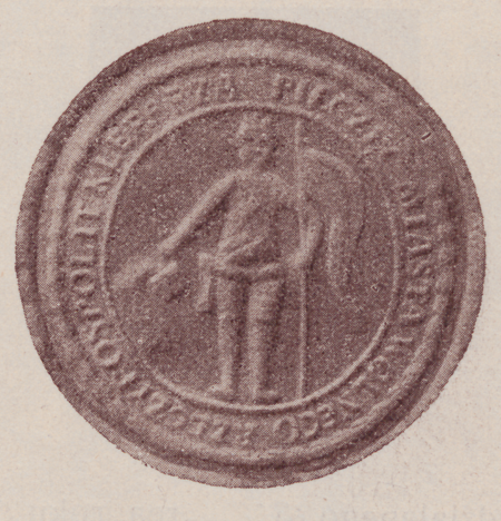 Odcisk pieczęci miejskiej Kleparza sporządzonej najwcześniej w drugiej
połowie 1791 roku, pierwsza i zapewne ostatnia z napisem w języku
polskim; w środkowym polu postać św. Floriana jak na poprzedniej
pieczęci, w otoku napis: PIECZĘĆ MIASTA WOLNEGO RZECZYPOSPOLIT[
EJ] KLEPARZA; tytułu „miasta wolnego”
Kleparz nie posiadał, w trakcie sporu z Krakowem o utrzymanie samodzielności
sporządzono tę pieczęć z nazewnictwem wprowadzonym
dla miast ustawą Urządzenie wewnętrzne miast wolnych Rzeczypospolitej
z 1791 roku niejako na wyrost i jako wyraz aspiracji; pomimo
posiadania już przez Kleparz statusu tylko dzielnicy Krakowa,
pozostawała ona w użyciu co najmniej do 1796 roku
(Biblioteka Jagiellońska, sygn. 103145 III, s. 160)