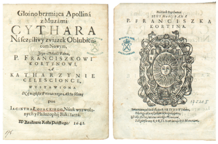 Karta tytułowa recto i verso wydanej w Krakowie w 1641 roku pieśni weselnej autorstwa Jacka Łopackiego (nr 516), ułożonej
w związku z zaślubinami Franciszka Kortyna i Katarzyny Celeścianki; na odwrocie strony tytułowej herb Franciszka
Kortyna (Biblioteka Jagiellońska, sygn. 17521 I, Mag. St. Dr.)