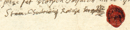 Pierwsza i ostatnia strona testamentu Stanisława Chodowicza, który podyktował 20 lutego 1641 roku,
na krótko przed śmiercią, „dwa pozwy na to mając, to jest starość i chorobę”; na powiększeniu jego własnoręczny podpis z podaniem rajcowskiego tytułu oraz z odciśniętym gmerkiem (Biblioteka Jagiellońska, sygn. rkps 884, s. 101–102)