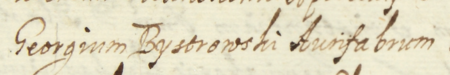 Z księgi radzieckiej Kazimierza obejmującej lata 1620–1622: wpis dokumentujący dokonany w roku 1620
wybór Jerzego Bystrowskego w skład rady miejskiej Kazimierza – oraz zbliżenie zapisu imienia i profesji
(Archiwum Narodowe w Krakowie,
sygn. K 35, s. 469)