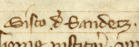 Z „Najstarszej księgi” strona 107 z wpisem z 1333 roku, stwierdzającym, że Gisko z Sącza przeniósł prawo
do słodowni i domu przed tą słodownią na Tomasza kramarza – oraz powiększenie zapisu imienia
(Archiwum Państwowe w Krakowie sygn. rkps 1, s. 107)