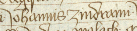 Z księgi radzieckiej Kazimierza obejmującej lata 1416–1433: fragment wpisu
dokumentującego wybór rajców na rok 1417, z Janem Zyndramem w składzie – zbliżenie zapisu imienia
(Biblioteka Jagiellońska, sygn. rkps 1045/2, k. 20)
