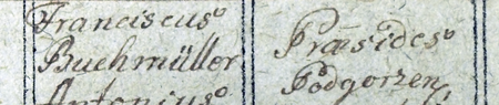 Z księgi ślubów Liber Copulatorum z lat 1784–1800 parafii św. Józefa w Podgórzu: wpis z 1784 roku poświadczający
zawarcie związku małżeńskiego między Stanisławem Laszczyńskim a Reginą Wiszowską, czemu świadkował Franciszek
Buchmiller, burmistrz Podgórza, tu określony jako „prezydent” – oraz zbliżenie fragmentu z zapisem imienia i urzędu
(Archiwum parafii św. Józefa w Podgórzu, Liber Copulatorum, t. I, s. 1)