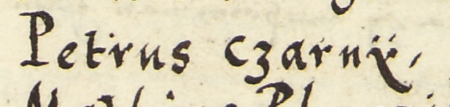 Z księgi radzieckiej Kazimierza obejmującej lata 1569–1573: wpis dokumentujący
wybór rady urzędującej rok 1572, z Piotrem Czarnym młodszym w składzie – oraz zbliżenie zapisu imienia
(Archiwum Narodowe w Krakowie, sygn. K 16, s. 755)
