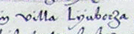 Akt wydany w Krakowie w 1527 roku, mocą którego Feliks Naropiński, dziekan włocławski i altarysta Trzech
Króli w katedrze wawelskiej, odnawia przywilej na karczmę we wsi Lubocza należącą do jego prebendy –
oraz powiększenie zapisu nazwy wsi „Lubocza”
(Archiwum Klasztoru Sióstr Norbertanek w Krakowie, sygn. dok. perg. 40)