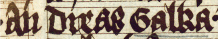 Z księgi radzieckiej Kazimierza obejmującej lata 1416–1433: fragment wpisu dokumentującego wybór rajców na rok 1424,
z Andrzejem Gałką w składzie – oraz zbliżenie zapisu imienia (Biblioteka Jagiellońska, sygn. rkps 1045/2, k. 121)