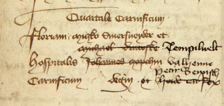 Z najstarszej księgi radzieckiej Krakowa z lat 1392–1411 wpis z 1396 r. dotyczący ustanowienia starszych dla Kwartału
Rzeźniczego. Wpis ten zawiera dwa składy starszych: pierwotny z 1396 r. oraz późniejszy, uwidoczniony skreśleniami
i dopiskami uczynionymi w całym dokumencie dla wszystkich kwartałów jedną ręką, w jednym czasie, zatem
dokonanymi po zmianach personalnych, które musiały mieć miejsce po roku 1396 – stąd powyżej dwa składy.
Jednocześnie wpis ten jest fragmentem najstarszego zachowanego zapisu o istnieniu w Krakowie podziału miasta na kwartały
(Archiwum Narodowe w Krakowie, sygn. rkps 427, s. 68)