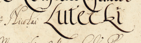 Z księgi radzieckiej Kazimierza obejmującej lata 1657–1660: dokonany w 1657 roku wpis wyboru
uzupełniającego do rady urzędującej, kiedy to godność rajcy uzyskał Mikołaj Lutecki – oraz zbliżenie zapisu imienia
(Archiwum Narodowe w Krakowie, sygn. K 42, s. 61)