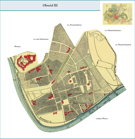 Obwód III według stanu z lutego 1912 r. na przywołanym wcześniej planie miasta z 1912 r. – w granicach tej dzielnicy
administracyjnej znalazły się dzielnice katastralne II–Wawel i VIII–Kazimierz oraz zasadnicza część dzielnicy katastralnej
VII–Stradom. Stanowiła ona południową część Krakowa sprzed przyłączeń dokonanych w ramach tworzenia Wielkiego Krakowa,
tj. sprzed 1910 r. Użyte przy powyższym planie dzielnicy nazwy terenowe podano według nazewnictwa obowiązującego aktualnie.