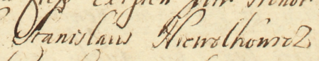 Z księgi radzieckiej Kleparza obejmującej lata 1695–1734: fragment wpisu z 1702 roku
otwierającego kolejną sesję rajców urzędujących, ze Stanisławem Niewalkowiczem w składzie – zbliżenie zapisu imienia
(Archiwum Narodowe w Krakowie, sygn. KL 33, s. 203)