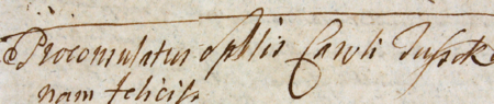 Z księgi radzieckiej obejmującej lata 1771–1774 fragment strony 461 z nagłówkiem otwierającym wpisy
spraw za kadencji burmistrzowskiej Karola Tuszka w 1773 roku – oraz powiększenie zapisu imienia i funkcji burmistrza
(Archiwum Państwowe w Krakowie, sygn. rkps 484, s. 461)