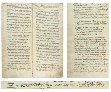 Z księgi obejmującej uchwały i orzeczenia rady miejskiej z lat 1538–1643 strony 34–35
z wpisem z 1574 roku dotyczącym narady rajców z przedstawicielami kupców i pospólstwa,
pod przewodnictwem burmistrza Hieronima Zalaszowskiego, związanej z sytuacją miasta po wyjeździe do Francji
Henryka Walezego – oraz powiększenie zapisu imienia i funkcji burmistrza
(Archiwum Państwowe w Krakowie, sygn. rkps 1213, s. 34–35)