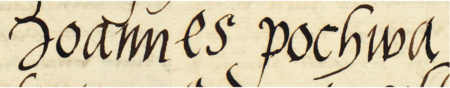 Z księgi radzieckiej Kleparza obejmującej lata 1539–1546: fragment wpisu z 1543 roku dokumentującego
wybór rady urzędującej, wraz z rajcą-burmistrzem Janem Pochwą w składzie – zbliżenie zapisu imienia
(Archiwum Narodowe w Krakowie, sygn. KL 24, s. 396)