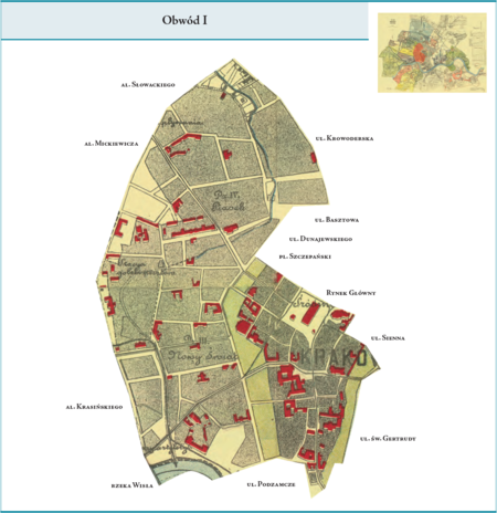 Obwód I według stanu z lutego 1912 r. na przywołanym wcześniej planie miasta z 1912 r. – dzielnicę administracyjną,
którą stanowił Obwód I, tworzyły tereny południowej część dzielnicy katastralnej I–Śródmieście (z Rynkiem Głównym)
oraz w całości tereny dzielnic katastralnych III–Nowy Świat i IV–Piasek. Obwód ten zajmował, przy pewnym
uogólnieniu, zachodnią i północno-zachodnią część Krakowa sprzed przyłączeń dokonanych w ramach tworzenia
Wielkiego Krakowa, tj. sprzed 1910 r. Użyte przy powyższym planie dzielnicy nazwy terenowe podano według
nazewnictwa obowiązującego aktualnie.