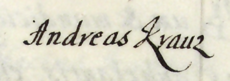 Z urzędowego spisu rajców obejmującego lata 1363–1802 fragmenty stron 38 i 39 z wpisem z 1690 roku
o wyborze do rady Andrzeja Stanisława Krauza, który to – jak zapisano – jest mężem „bystrego umysłu,
niezwykle uzdolniony do sprawowania funkcji publicznych, znający obce kraje i języki, kochający ojczyznę,
a w pełnieniu swej funkcji naśladujący swego ojca, szlachetnego Stanisława” – oraz powiększenie zapisu imienia
(Archiwum Państwowe w Krakowie, sygn. rkps 1477, s. 38–39)
