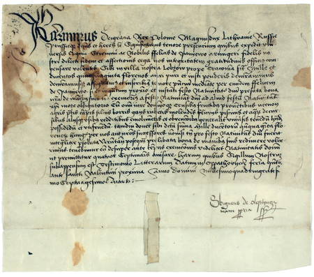 Dokument wydany w 1474 roku w Opatowcu, w którym Kazimierz Jagiellończyk w uwzględnieniu zasług zapisuje Feliksowi z Pniewa,
giermkowi, 1250 florenów złotych na wsi Łobzowie i oddaje mu wieś tę na tak długo, dopóki król lub jego następcy nie uiszczą tej sumy
(Archiwum Narodowe w Krakowie, sygn. perg. Rus. 156)