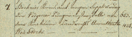 Ze Spisu akt do miasta Podgórza należących obejmującego lata 1805–1818: strona otwierająca spis akt z roku 1805, gdzie
w pozycji nr 7 informacja o zawiadomieniu z urzędu cyrkularnego w Bochni o wyborze Macieja Wojewódzkiego, dotychczasowego
auskultanta, na urząd burmistrza Podgórza – oraz zbliżenie tego wpisu (Archiwum Narodowe w Krakowie, sygn. P 80a, s. 3)