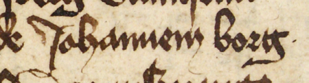Z księgi miejskiej rachunkowej zawierającej wpisy z lat 1403–1404 strona 89 z wpisem otwierającym rejestr wydatków
i dochodów z 1404 roku, gdzie zostali wymienieni urzędujący ówcześnie rajcy, wśród którym znajdował się Jan Bork
– oraz powiększenie zapisu imienia (Archiwum Państwowe w Krakowie, sygn. rkps 1592, s. 89)