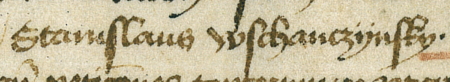 Fragment dokumentu wydanego w 1456 roku w Kleparzu, w którym rajcy kleparscy, wśród nich Stanisław Wszanczyński,
zatwierdzają przedstawione im artykuły statutu cechu tkaczy i barchanników kleparskich – zbliżenie zapisu imienia
(Archiwum Narodowe w Krakowie, sygn. perg. 257)