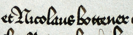 Dokument wydany w 1409 roku w Krakowie przez rajców krakowskich, w którym stwierdzają, że Jan Isner, profesor teologii,
kupił dom przy ul. Wiślnej od Jana pisarza miejskiego z przeznaczeniem na mieszkania dla ubogich studentów Uniwersytetu
Krakowskiego, w związku z czym rajcowie, a wśród nich Mikołaj Botner młodszy, biorą tę bursę ubogich pod swoją pieczę –
oraz powiększenie zapisu imienia (Archiwum Uniwersytetu Jagiellońskiego, sygn. perg. 38)