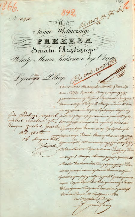 Z akt dotyczących nowej organizacji policji Wolnego Miasta Krakowa sporządzone w 1842 r. pismo dyrektora
policji do Senatu Rządzącego w sprawie uposażenia komisarza Stanisława Popieleckiego
(Archiwum Narodowe w Krakowie, sygn. WMK III-47B, s. 1125)