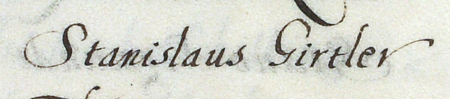 Z urzędowego spisu rajców krakowskich założonego w 1678 roku strony 12–13 z fragmentem spisu rajców przepisanym
z wydanego w 1584 roku dzieła Bartosza Paprockiego Herby rycerstwa polskiego, w którym autor wymienił Stanisława
Gortlera, ale błędnie podał rok 1461 jako datę jego nominacji do rady – oraz powiększenie zapisu imienia
(Archiwum Państwowe w Krakowie, rkps 1477, s. 12–13)