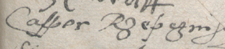 Z urywków i wyciągów z akt ławniczych (scabinalia) miast polskich, w tym Kazimierza przy Krakowie: końcowy fragment
kopii dokumentu z 1613 roku z podpisami rajców, wśród nich Kaspra Rzepczyńskiego; kopię tę wystawiał urząd ławniczy,
stąd pieczęć ławnicza kazimierska odciśnięta na dokumencie w wosku przez papier – oraz zbliżenie zapisu imienia
(Biblioteka Naukowa PAU/PAN, sygn. rkps 440, k. 46)
