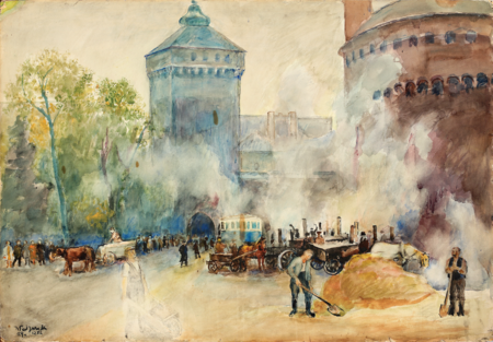 (104) Niedokończona akwarela Władysława Jarockiego Kraków kończy zobowiązania 1-Majowe – asfaltowanie ulicy przy Barbakanie, namalowana
w 1952 r. Przez dym unoszący się z asfaltu widoczny biało-niebieski tramwaj na trasie prowadzącej przez Bramę Floriańską. To jeden z ostatnich takich
widoków, jako że jeszcze w tym samym roku tramwaje znikną z Rynku Głównego i ulic do niego przyległych (MK, nr inw. MHK 2768/III)