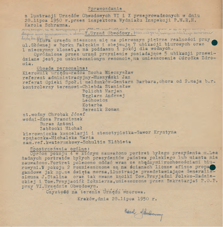 Z akt prezydialnych Miejskiej Rady Narodowej w Krakowie pochodzące z 1950 r. fragmenty
sprawozdania z lustracji urzędów obwodowych, gdzie wymieniono kierownika Mieczysława Sochę
(Archiwum Narodowe w Krakowie, sygn. 29-701-795, nlb)