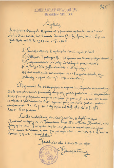 Z akt Wybuch prochowni w Witkowicach, zestawienia szkód, subwencje dla poszkodowanych 1927–1929
sporządzony w 1928 r. przez komisarza Mariana Benedyktowicza wykaz podjętych czynności
w związku z wybuchem prochowni
(Archiwum Narodowe w Krakowie, sygn. Kr 4732, s. 345)
