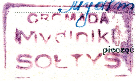 (1947)
Odciski pieczęci urzędowych Mydlnik
z lat 1865, 1925 i 1947
(Archiwum Narodowe w Krakowie,
sygn. T.Schn. 1104, nlb.;
sygn. PUZKr 53, nlb.; sygn. Gm. Zab. 9, s. 963)