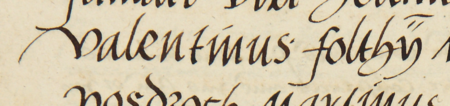Z księgi radzieckiej Kleparza obejmującej lata 1539–1546: fragment wpisu z 1546 roku dokumentującego
wybór rady urzędującej, z rajcą-burmistrzem Walentym Foltynem w składzie – zbliżenie zapisu imienia
(Archiwum Narodowe w Krakowie, sygn. KL 24, s. 810)