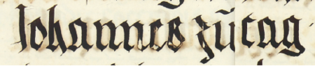 Z księgi radzieckiej Kazimierza obejmującej lata 1481–1508: fragment wpisu dokumentującego
wybór rady urzędującej na rok 1499, z Janem Zontagiem młodszym w składzie – oraz zbliżenie zapisu imienia
(Archiwum Narodowe w Krakowie, sygn. K 7, s. 352–353)