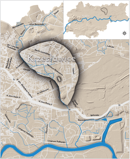 Orientacyjna lokalizacja dawnej wsi Krzesławice w obecnych granicach Krakowa – na planie miasta
oznaczono jej położenie w kształcie wyznaczonym granicami jednostki katastralnej, jaką stanowiła,
ze wskazaniem najstarszego, historycznego centrum Krzesławic w rejonie dzisiejszej ulicy Wańkowicza