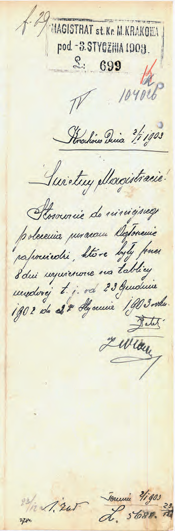 Z akt ślubów cywilnych 1896–1910 ogłoszenie zapowiedzi z roku 1903 oraz informacja
komisarza Jana Chryzostoma Włocha o wywieszeniu ogłoszenia na tablicy ogłoszeń wraz
z terminami dokonania tych czynności
(Archiwum Narodowe w Krakowie, sygn. Kr 2458, s. 631, 634)