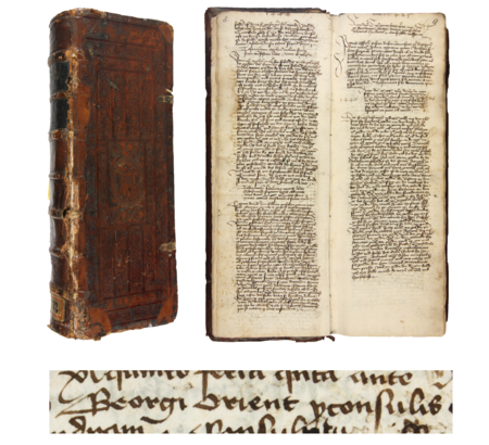 Z księgi testamentów obejmującej lata 1427–1623 przód okładziny oraz strony 8–9 z wpisem z 1445 roku, zawierającym
zeznanie testamentowe piekarza Osucha złożone przed rajcami Jerzym Orientem, pełniącym funkcję burmistrza,
i Janem Zyndramem (nr 223), wysłanymi w tym celu z ratusza – oraz powiększenie zapisu imienia i funkcji burmistrza
(Archiwum Państwowe w Krakowie, sygn. rkps 772, s. 8–9)