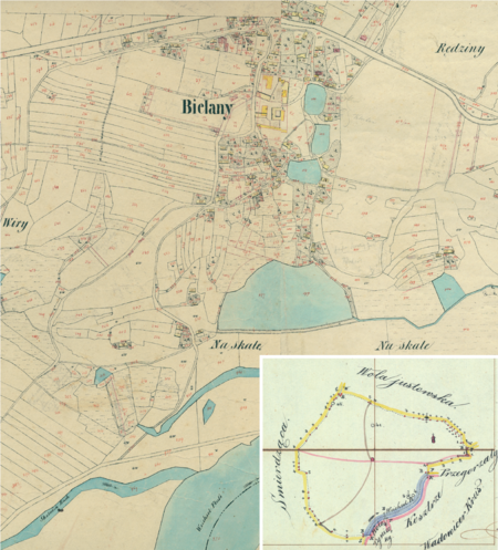 Fragment centrum Bielan na mapie katastralnej sporządzonej dla gminy katastralnej Bielany w 1850 roku oraz pochodzący
z lat 1847–1848 plan sytuacyjny z wyrysowanymi granicami gminy Bielany i lokalizacją gmin sąsiadujących
(Archiwum Narodowe w Krakowie, sygn. K. Krak. 19 II, III; sygn. WM 562, s. 219)
