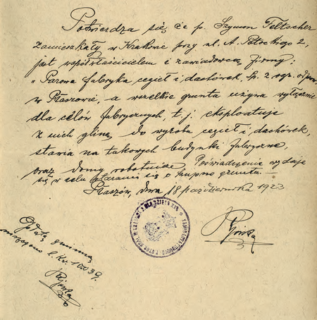 Z akt Państwowego Urzędu Ziemskiego Krakowskiego Sprawy rustykalne głównie zezwolenia
na przewłaszczenie gruntów poświadczenie wydane w 1923 r. przez komisarza Karola Górkę
(Archiwum Narodowe w Krakowie, sygn. PUZKr 56, nlb)