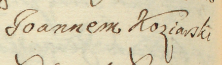 Z akt sądu wielkorządowego obejmujących lata 1665–1682 fragment wpisu z 1672 roku dokumentującego zawisły przed
tym sądem spór między Zofią Chwałkową a Janem Kosiarowskim, rajcą kazimierskim, występującym tu wraz z żoną Reginą
– zbliżenie zapisu imienia (Archiwum Narodowe w Krakowie, sygn. Teut. 72, s. 470)