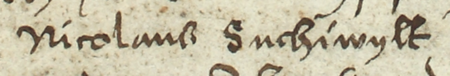 Z księgi radzieckiej Kleparza obejmującej lata 1499–1528: fragment wpisu z 1506 roku dokumentującego sprawę
przed ławą miejską z udziałem Mikołaja Suchywilka, rajcy kleparskiego – zbliżenie zapisu imienia
(Archiwum Narodowe w Krakowie, sygn. KL 1, s. 98)