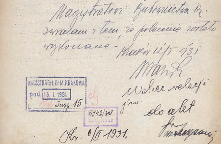 Ze zbioru Akta Wydziału Budowlanego BA raport komisarza Stefana Nowakowskiego z 1931 r.
o wykonaniu polecenia otrzymanego od naczelnika Budownictwa Miejskiego Oddział A
(Archiwum Narodowe w Krakowie, sygn. Kr 3739, nlb)